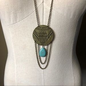 Boho Style Long Gold Medallion/Turquoise Necklace